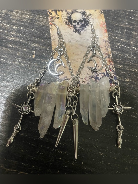 Artisan Jewelry - Rough Crystal Quartz Dangle Earrings with Crescent Moon Accent - Silver Tone
